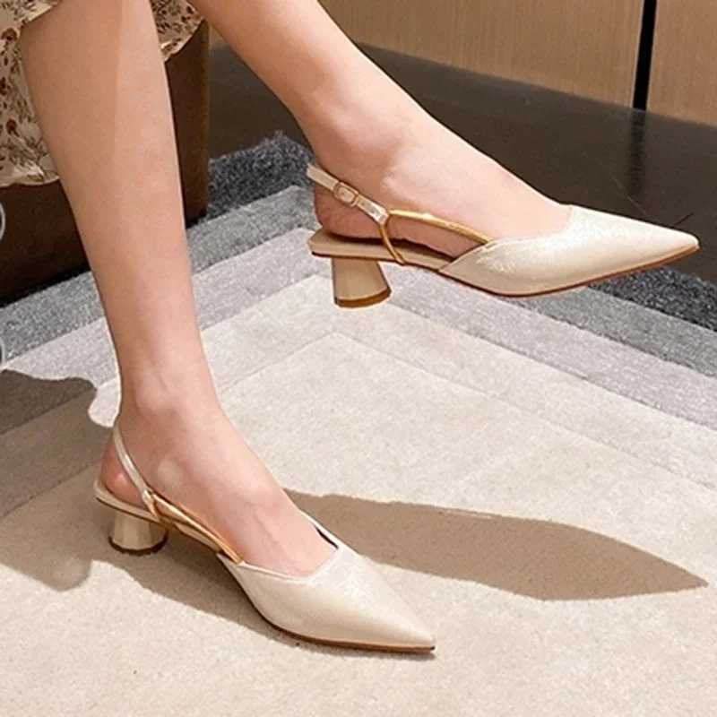 High Quality Summer Pointed Sole Silk Pump Womens Strap Buckle Thick Sole Sandals Womens Shallow Mouth Party Shoes T241024