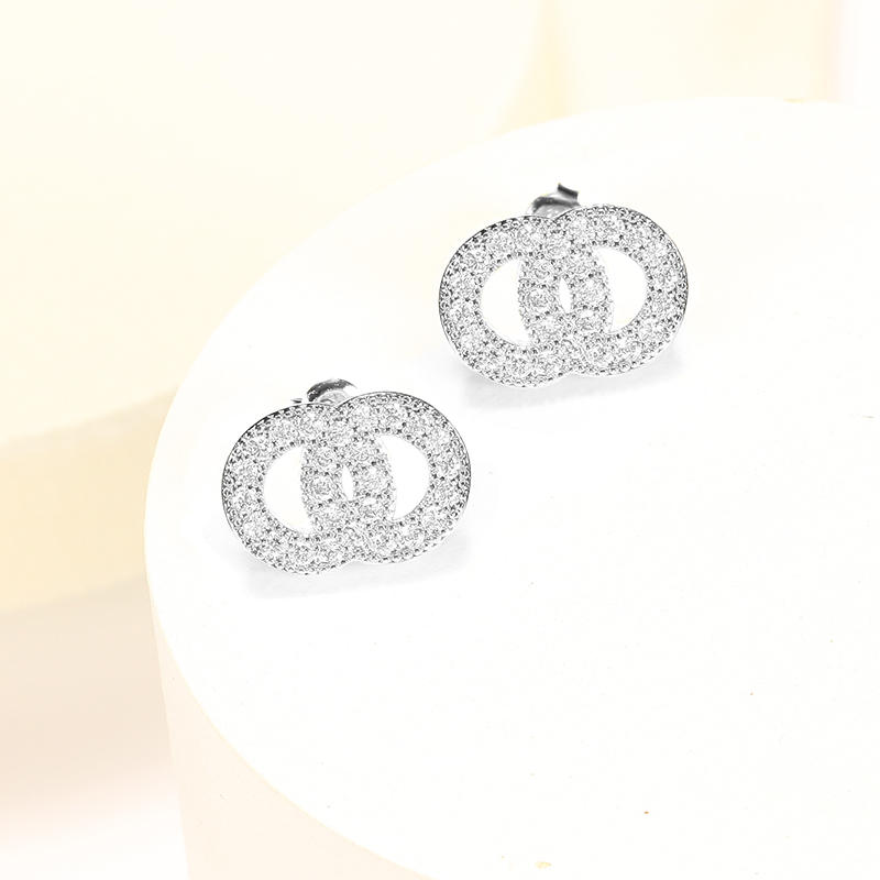 nature designer earrings for woman silver jewelry stud earrings Diamond Mini 18K Gold Plated Copper Double Letter Crystal Rhinestone luxury designer jewelery gift