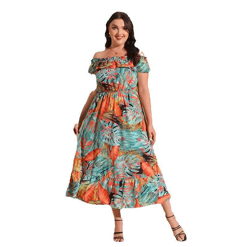Hot Selling One Neck Sexy Off Shoulder Leaf Print Plus Size Dress Bohemian Style Waist Cinching Long Skirt Waist Sexy Bifurcated SKINNY DRESS Denim Dr
