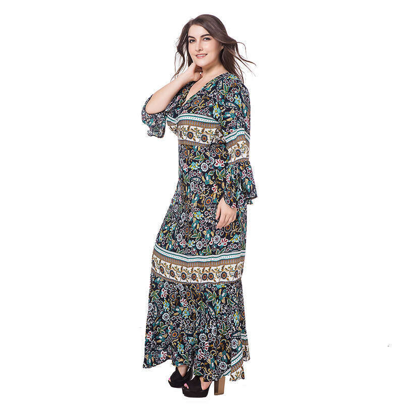 Womens Bohemian Ruffled Edge with Added Fat and Oversized Cotton Printed Long Dress Bifurcated Self-cultivation Novelty Temperament BOHO DRESS High Wa