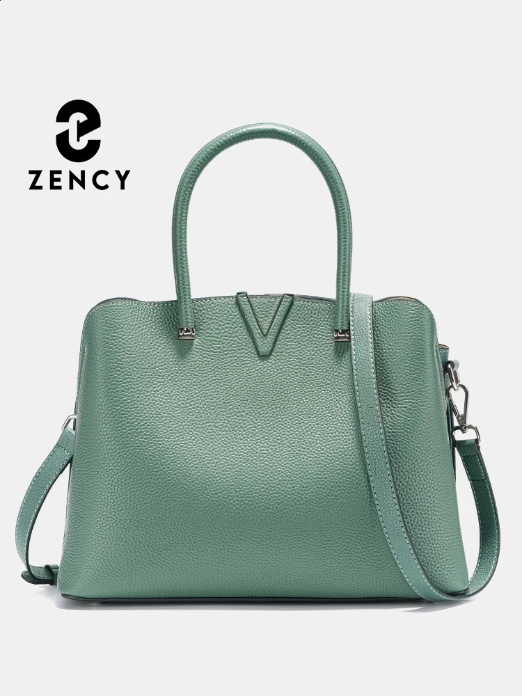 Zency Fashion Women Shoulder Bag 100% Genuine Leather Large Capacity Handbag Multi Pocket Satchel Tote Cross body Green 240727