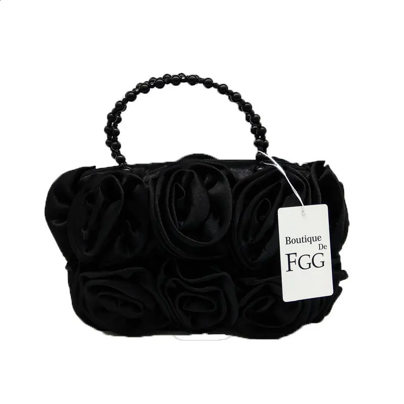 DHlanhai Boutique De FGG Red Flower Rose Bush Women Satin Evening Purse Beaded Handle Tote Bag Wedding Handbag Bridal Clutch 240726