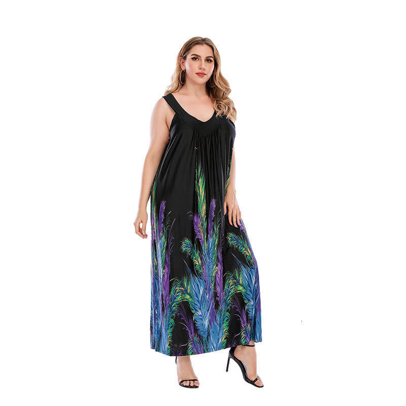 Womens Oversized Clothing Weighing 200 Pounds Chubby Mm Can Wear A Loose V-neck Dress with Black Feathers for Women Loose Waist Bifurcated BOHO DRESS