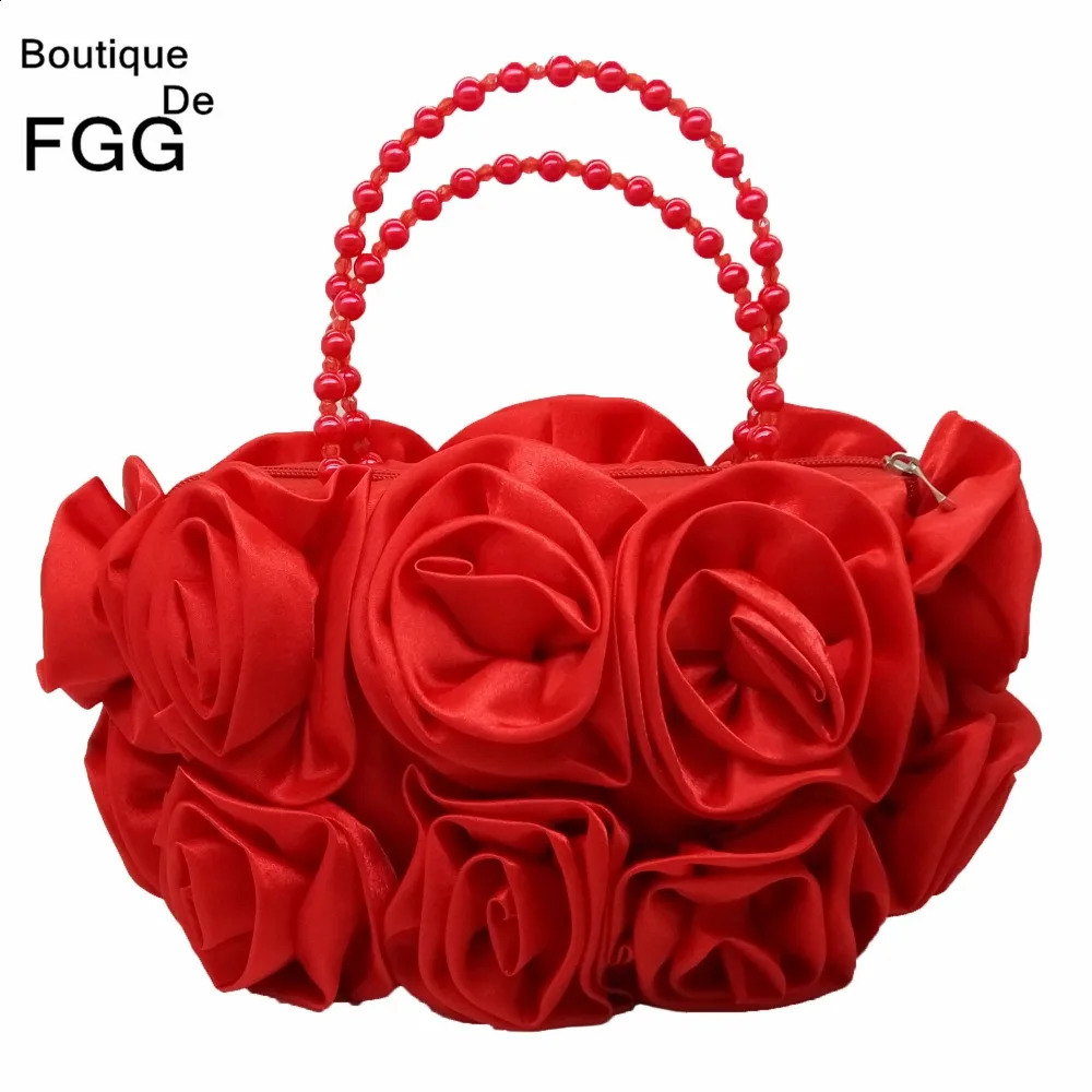 DHlanhai Boutique De FGG Red Flower Rose Bush Women Satin Evening Purse Beaded Handle Tote Bag Wedding Handbag Bridal Clutch 240726