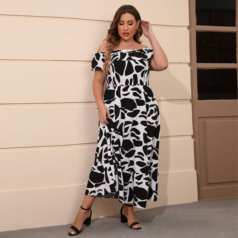 New Hot Selling Classic Black and White Paired Grand Ruffle Edge Long Skirt for Women with Cow Print Print Simple One Line Collar Dress Loose Denim Dr
