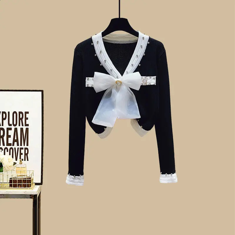 Spring and Autumn Season Set Womens Korean Edition Slim Fragrant Style Cardigan Waist Wrap Dress Two Piece 240727