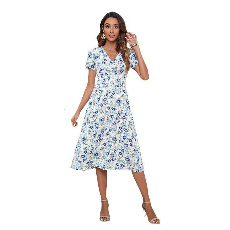 Hot Selling Holiday Style in Latin America Brazil. Elastic Waist Dress for Women with V-neck Small and Fresh Floral Loose Skirt Bifurcated Sexy Lace D