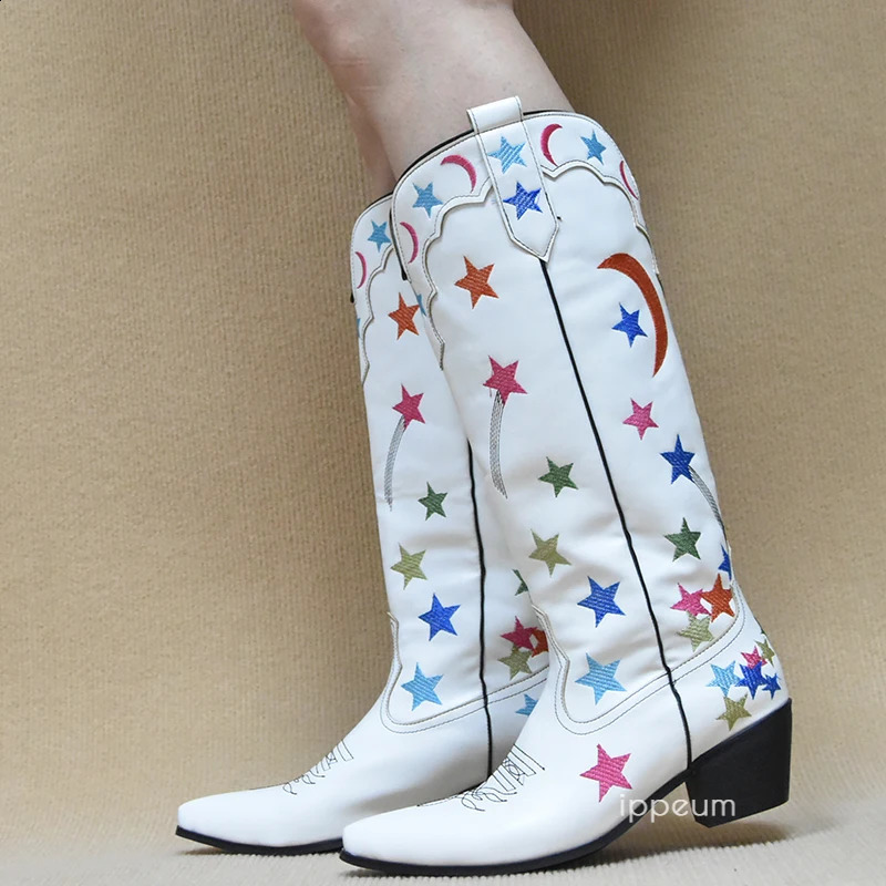 White Boots Star Western Knee High Shoes For Women Plus Size 43 Cowgirl Vintage Embroider Botte Cowboy Femme 240724