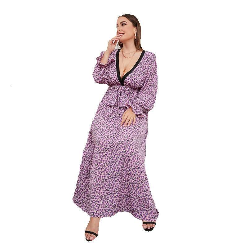 Large Size Chubby Mm Chiffon Dress with Floral Hem V-neck and Long Sleeves Weighing 200 Pounds Can Be Worn Fishtail Dress Loose Sexy Denim Dress