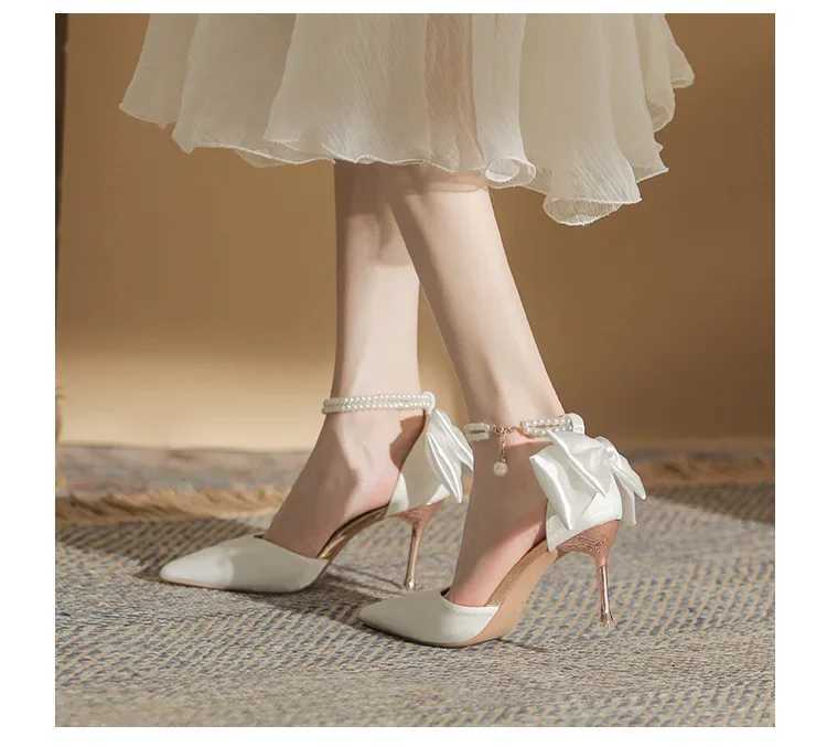 High Quality New womens slim high-heeled hollow sandals womens pearl butterfly horn toe high-heeled shoes womens wedding shoes T241024