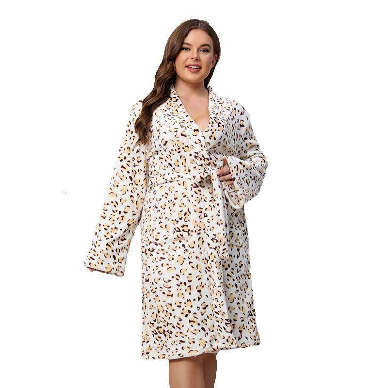 Large size sleeved home clothing womens leopard print autumn winter printed pamas bathrobes long and comfortable
