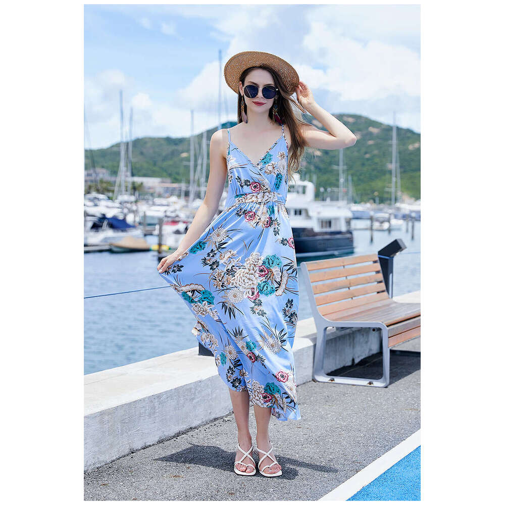 Hot Selling Brazil Fresh Backless High Waisted Long Skirt with Rural Style Print V-neck Suspender Jumpsuit Short Loose Bifurcated Silk Dress Round Nec
