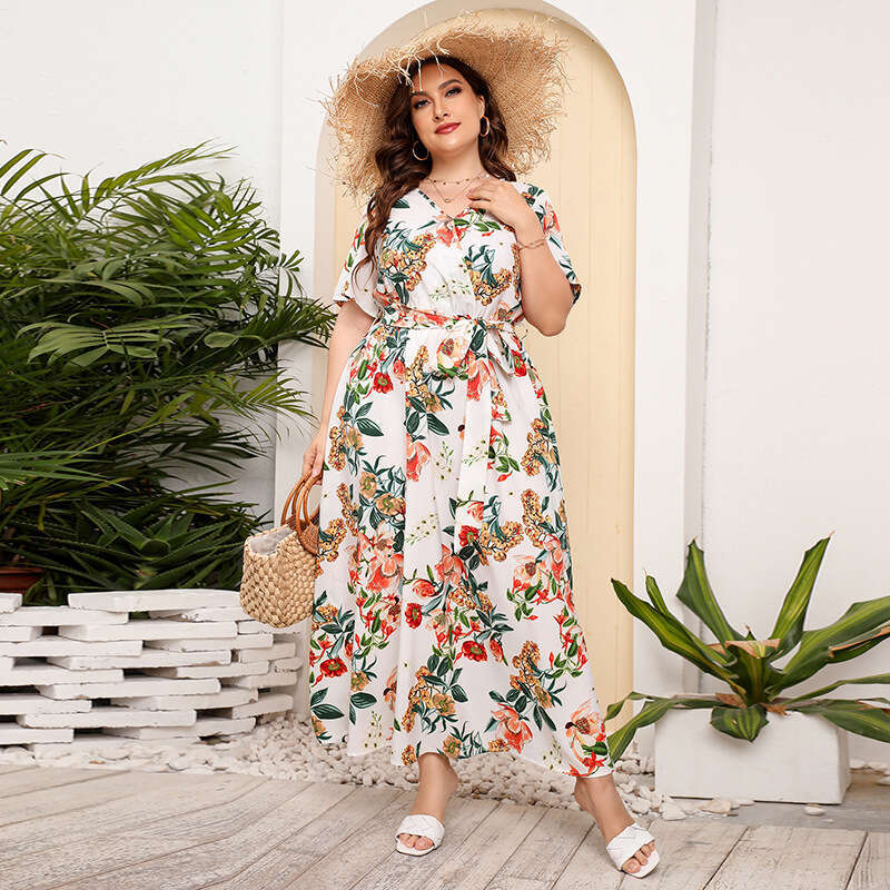 Russian American New Hot Selling Large Size Loose V-neck Dress Womens Elastic Waist Short Sleeve Printed Long Skirt Waist BOHO DRESS High Waist Dress