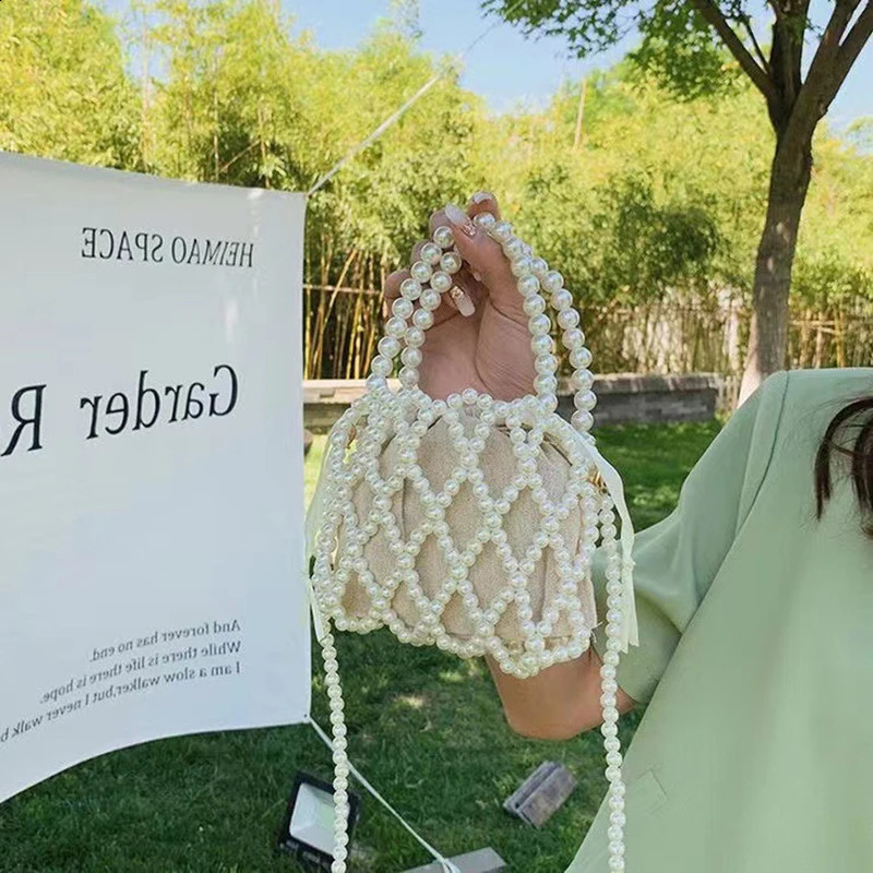 French retro handbag fairy fashion womens bead bucket bag cross body summer n hollow pearl 250401