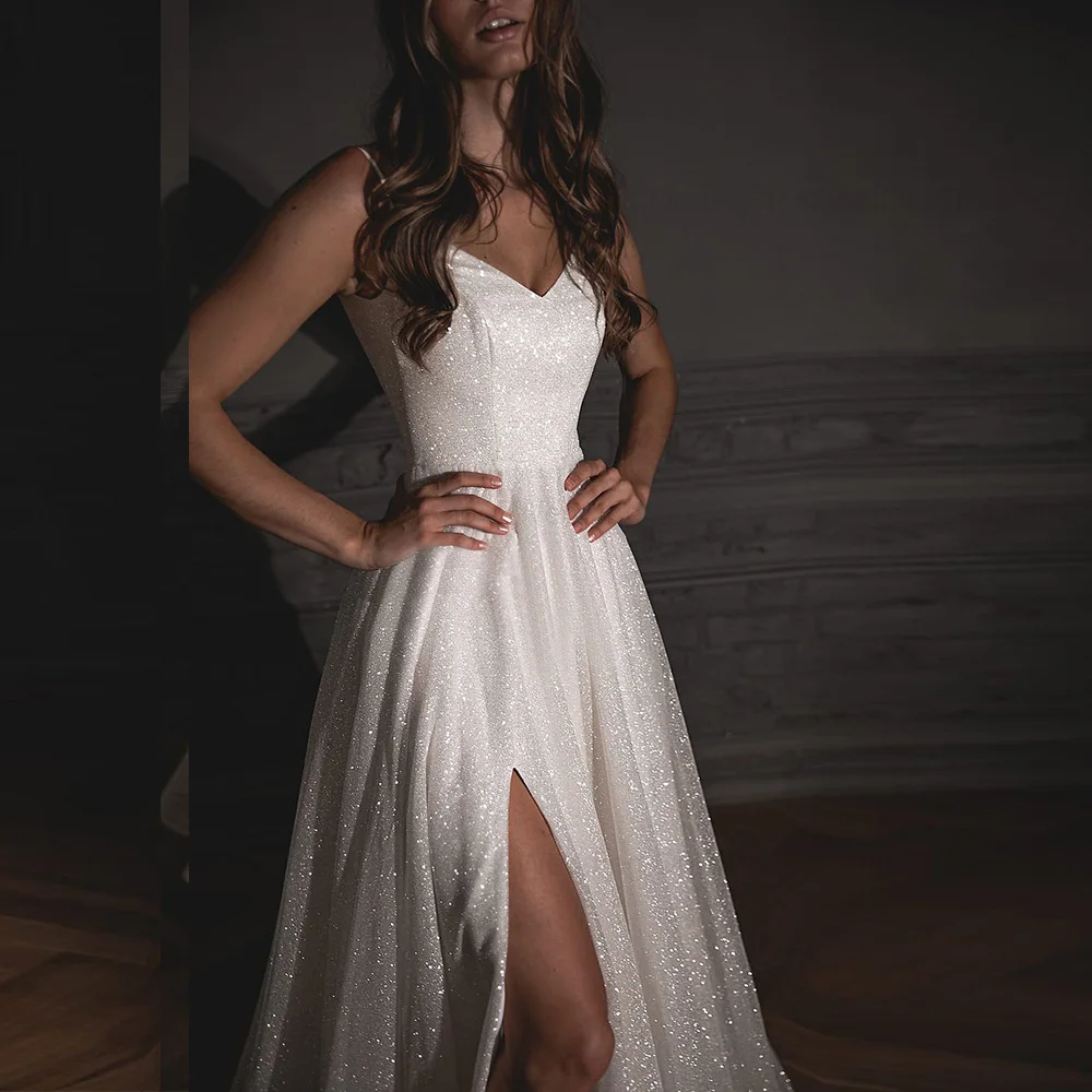 Simple A-e Women Wedding Sweetheart Neck Sleeveless Bridal Gowns Sequins Split Side Sweep Train Dress Custom Made vestidos de novia