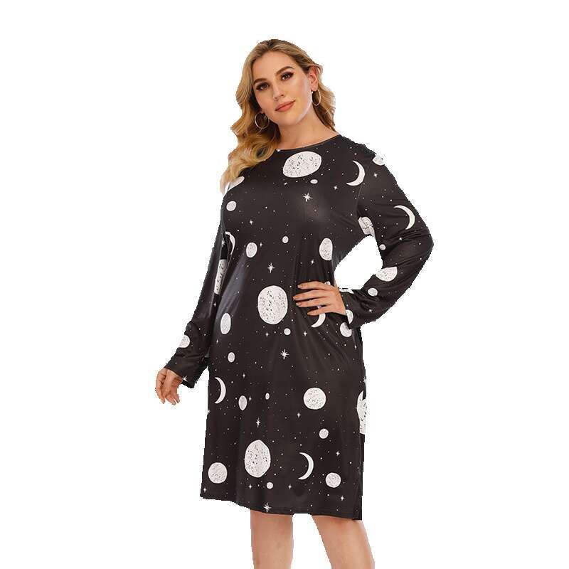 Spring New Graffiti T-shirt Skirt Large Casual Home Fury Print Loose Mid length Dress Pocket