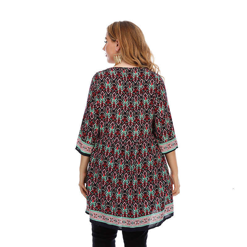 Ethnic Style Loose Oversized Top with Printed Long Pullover Round Neck Weighing 200 Pounds Can Be Worn Novelty Loose Sexy Oversize Dress Round Neck Dr