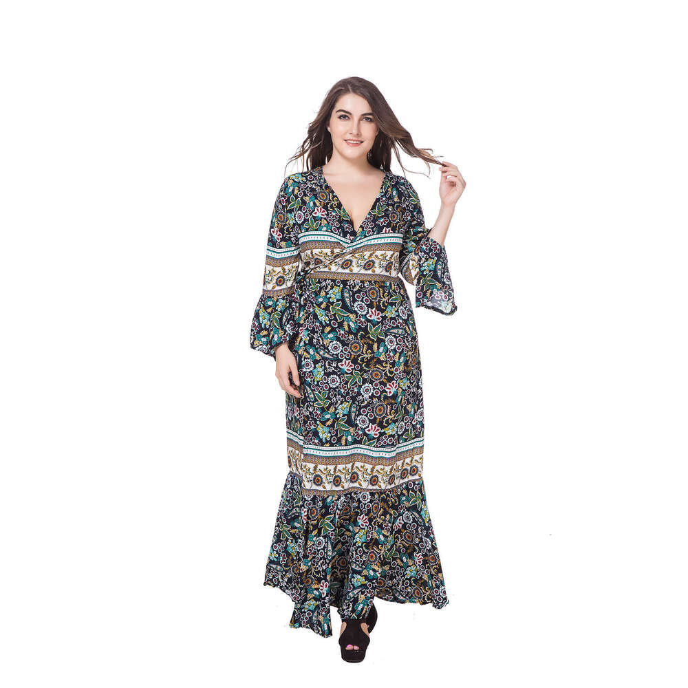 Womens Bohemian Ruffled Edge with Added Fat and Oversized Cotton Printed Long Dress Bifurcated Self-cultivation Novelty Temperament BOHO DRESS High Wa