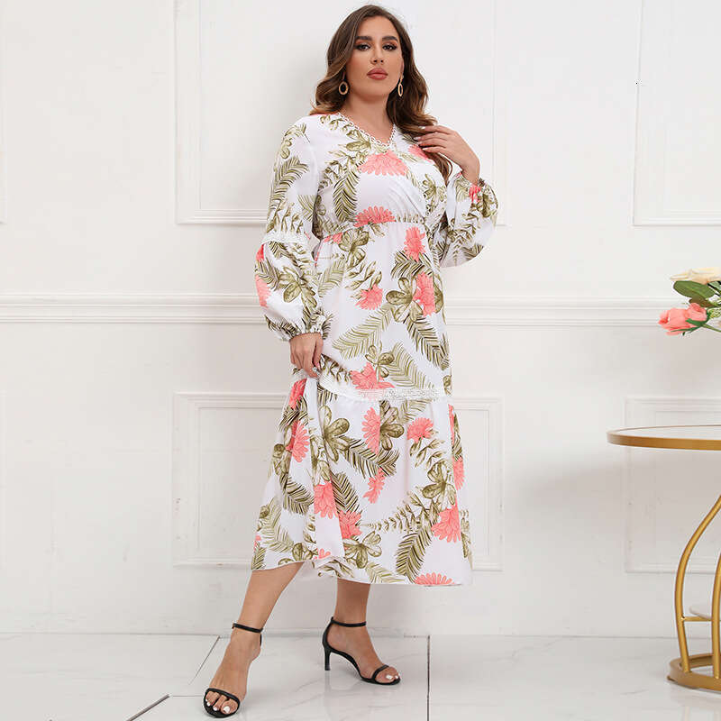 Hot Selling Spring and Autumn Patchwork V-neck Dress Womens Lace Print Chubby MM Large Long Skirt Waist Loose Short Bifurcated Sexy Silk Dress Denim D