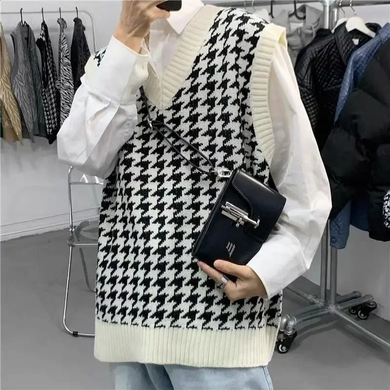 Knitted Sweaters for Men Sleeveless Vest Man Clothes White Plaid V Neck Waistcoat Over Fit Knit Aesthetic Meme Y2k Streetwear A 240717