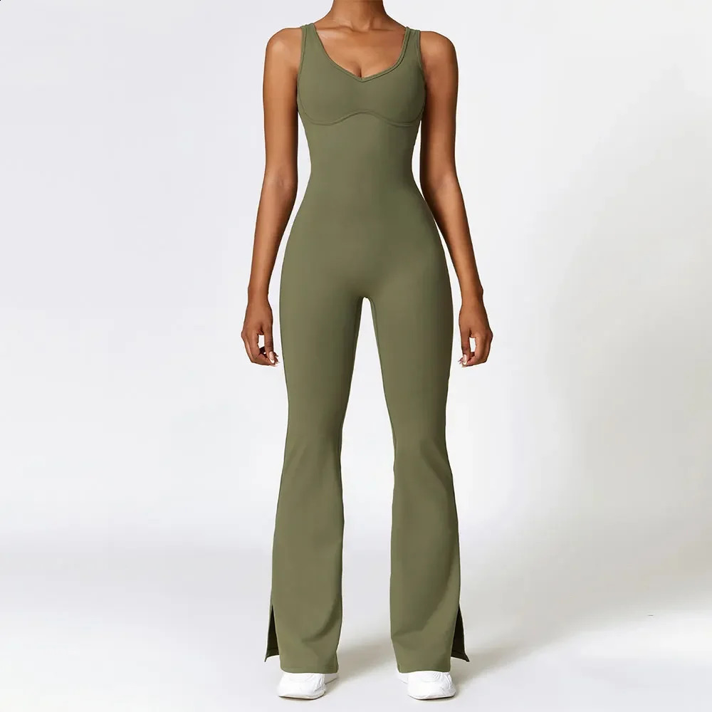 Yoga Bodysuit Womens Tracksuit Sportswear Gym Workout Set Jumpsuit Push Up Flared Pants Dance Fitness Sports Bodysuit 240719