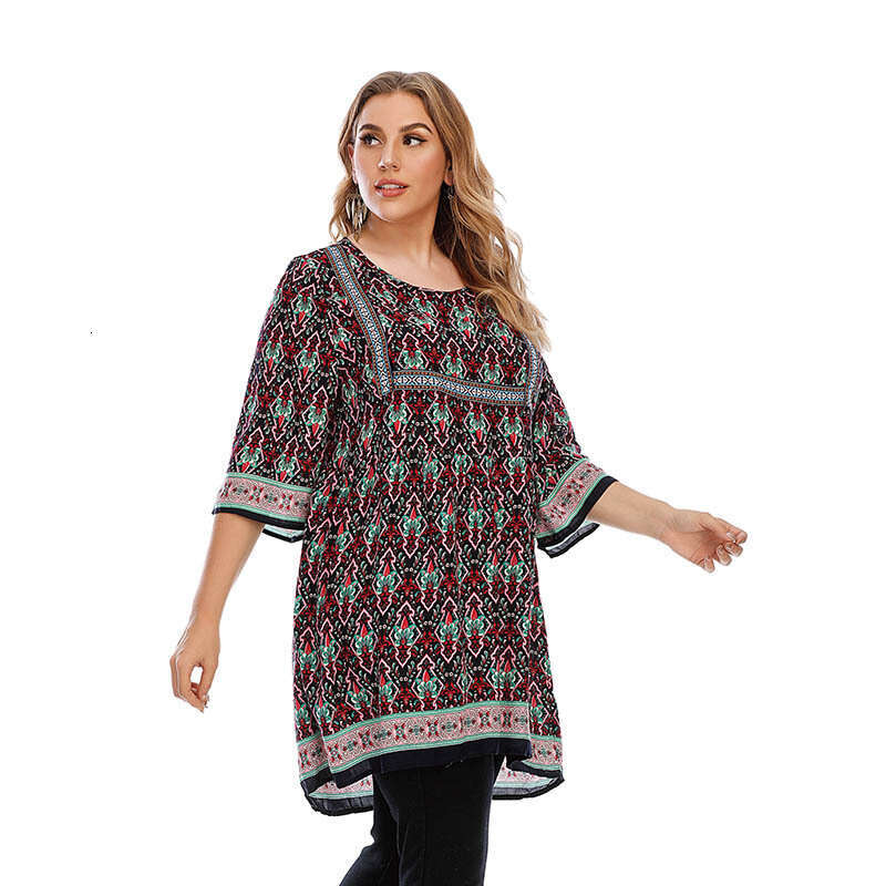 Ethnic Style Loose Oversized Top with Printed Long Pullover Round Neck Weighing 200 Pounds Can Be Worn Novelty Loose Sexy Oversize Dress Round Neck Dr