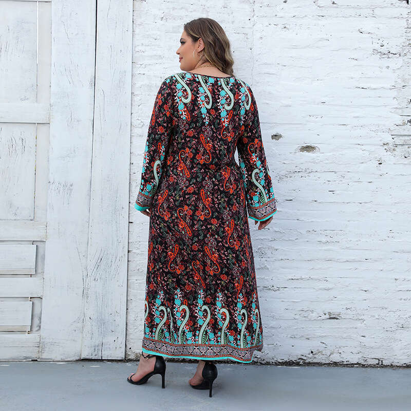 Large Size Womens New Printed Bohemian Dress Casual Sleeved Long Skirt Temperament Bifurcated Waist Self-cultivation Denim Dress