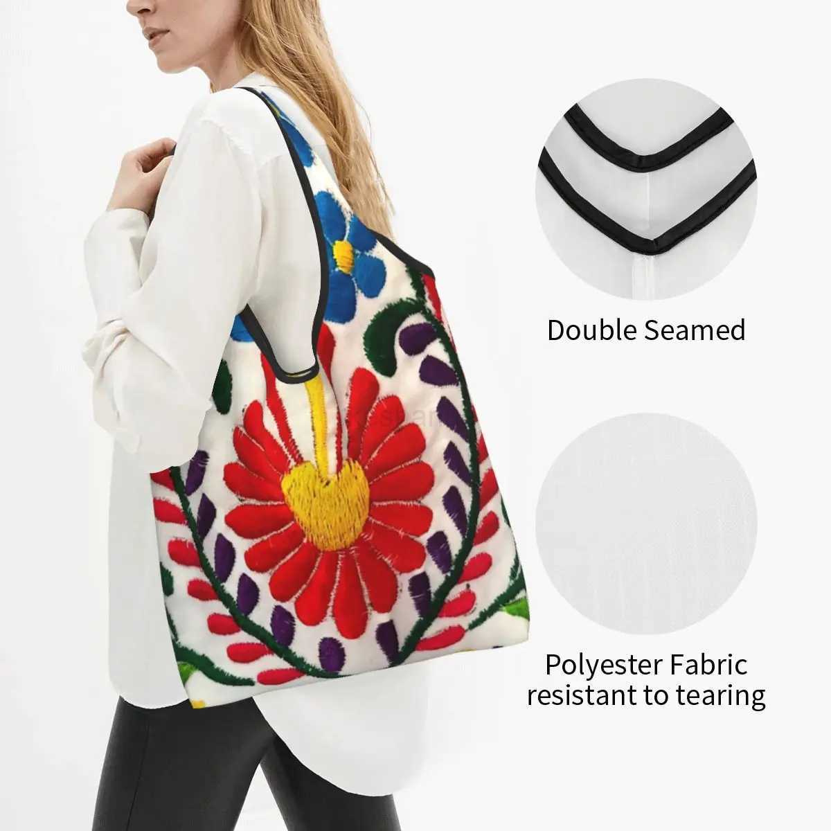 Mexican Flowers Grocery Shopping Tote Bag Women Custom Shoulder Shopper Bag Big Capacity HandbagXJ240727