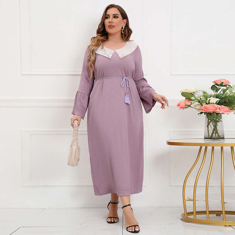 Hot Selling Large Size French Hepburn Style Lace Glitter Dress with Sleeves Elegant and Loose Fitting Long Skirt Self-cultivation Short Denim Dress