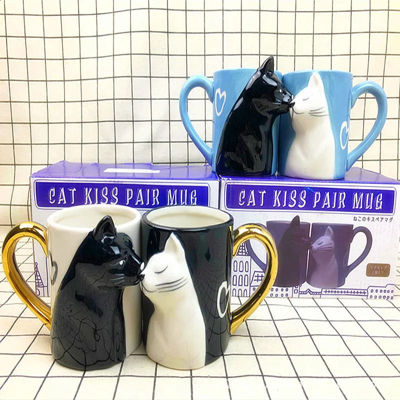 2pcs Cute Kiss Cat Cups Couple Ceramic Mugs Married Couples Anniversary Morning mug Milk Coffee Tea Breakfast Valentines Day 240712