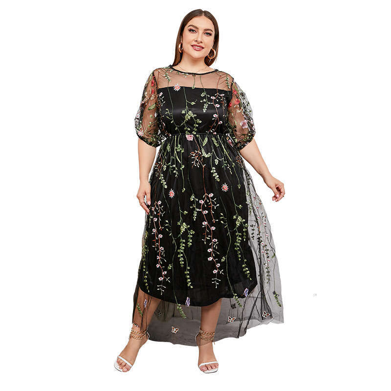 French Hepburn Style Oversized Womens Mesh Embroidered Banquet Party Dress 200 Pounds to Wear Sexy Novelty Waist Temperament Loose Oversize Dress Silk