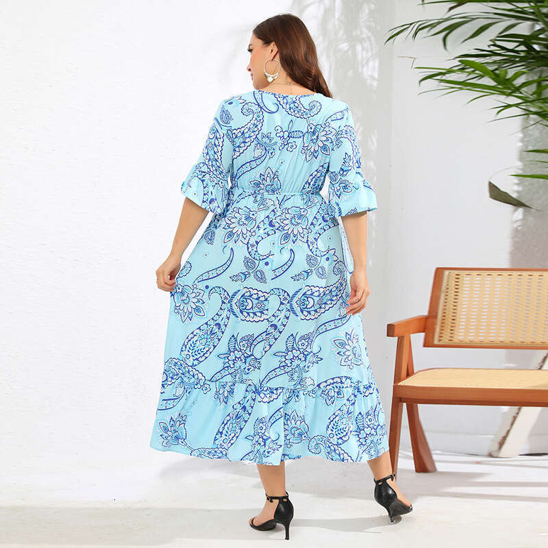 US Hot Selling Large Size Paisley Flare Sleeves Beach Vacation Skirt Long Dress Floral Dress Long Summer Dress Sexy Waist Bifurcated Short Round Neck 