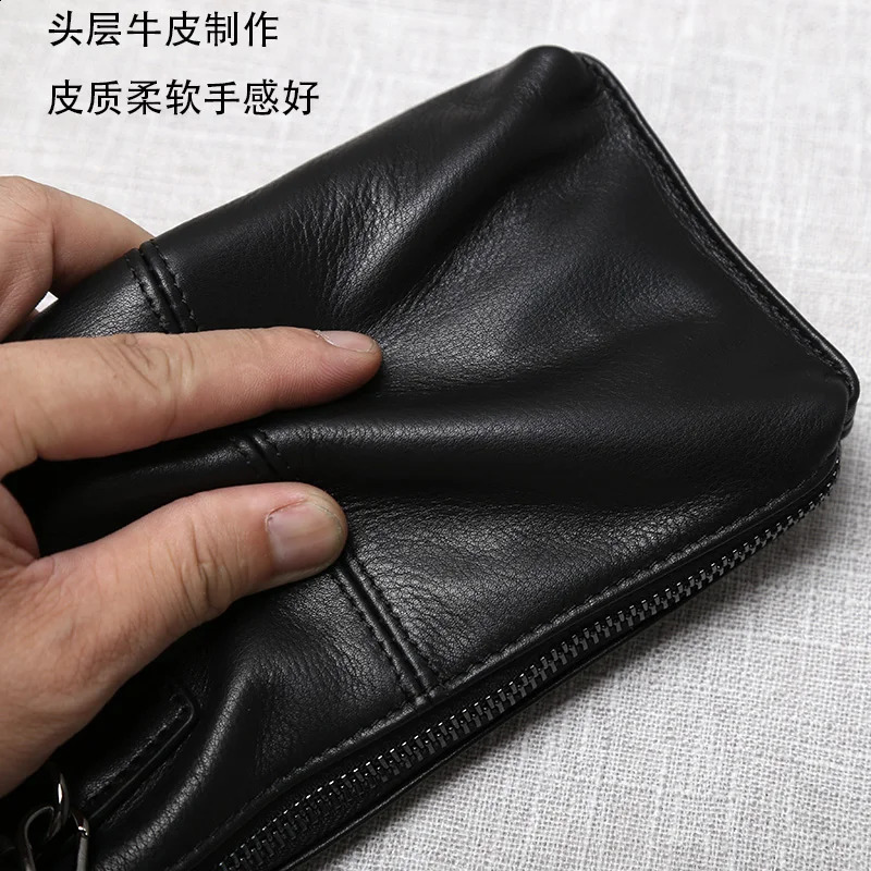 Genuine Leather Handbag For Mens Soft Retro Casual First Layer Cowhide Long Wallet With Large Capacity Zipper Phone Bag 240727