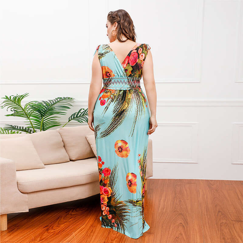 Hot Selling Plus Size Ice Silk Dress in Russia and the United States Long Printed with V-neck Elastic Waist Poppy Floor Length Skirt Waist Oversize Dr