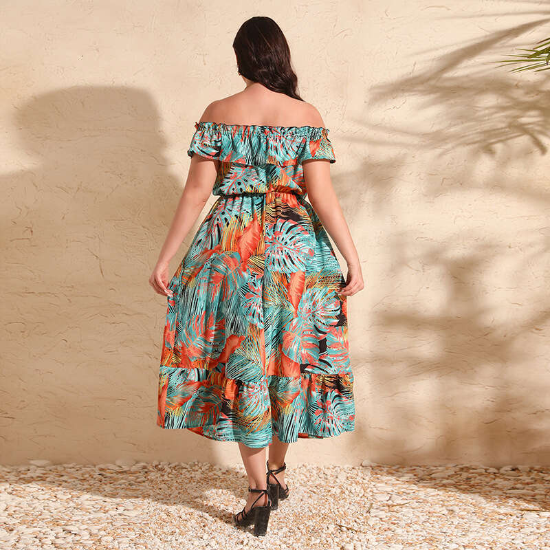 Hot Selling One Neck Sexy Off Shoulder Leaf Print Plus Size Dress Bohemian Style Waist Cinching Long Skirt Waist Sexy Bifurcated SKINNY DRESS Denim Dr