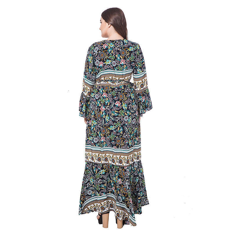 Womens Bohemian Ruffled Edge with Added Fat and Oversized Cotton Printed Long Dress Bifurcated Self-cultivation Novelty Temperament BOHO DRESS High Wa
