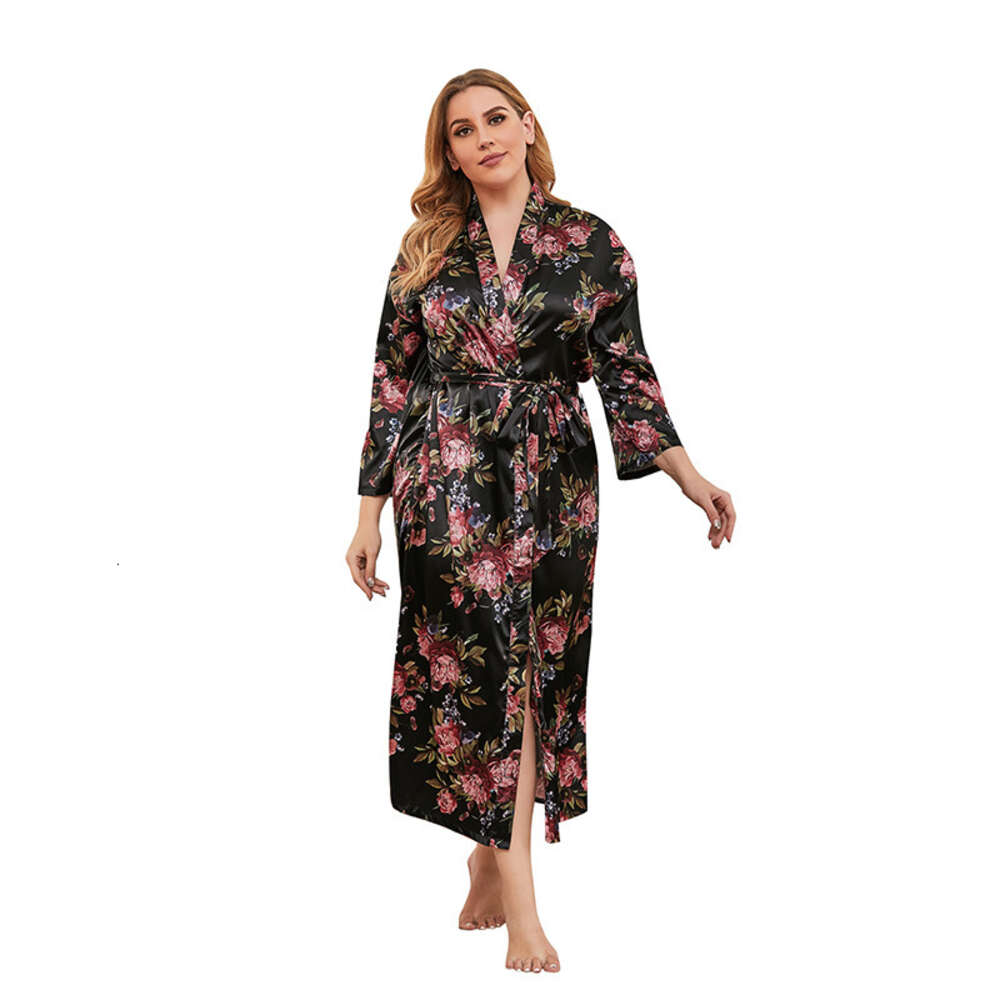 Large size Japanese style pajamas simulated silk chubby mm long sleeved womens home clothes can be worn externally for 200 pounds