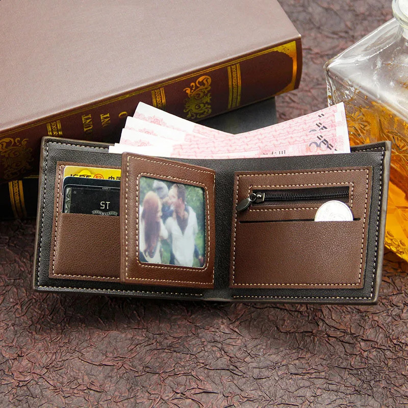 Free name carving mens wallet ultrathin coin pocket po holder mini card frosted leather 240810