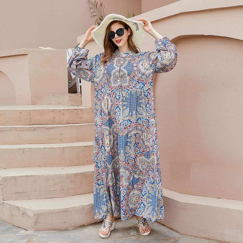 New French Floral V-neck Oversized Dress Childrens Spring and Autumn Temperament Gentle Style Bubble Sleeve Long Skirt Pregnant Womens Dress Silk Dres