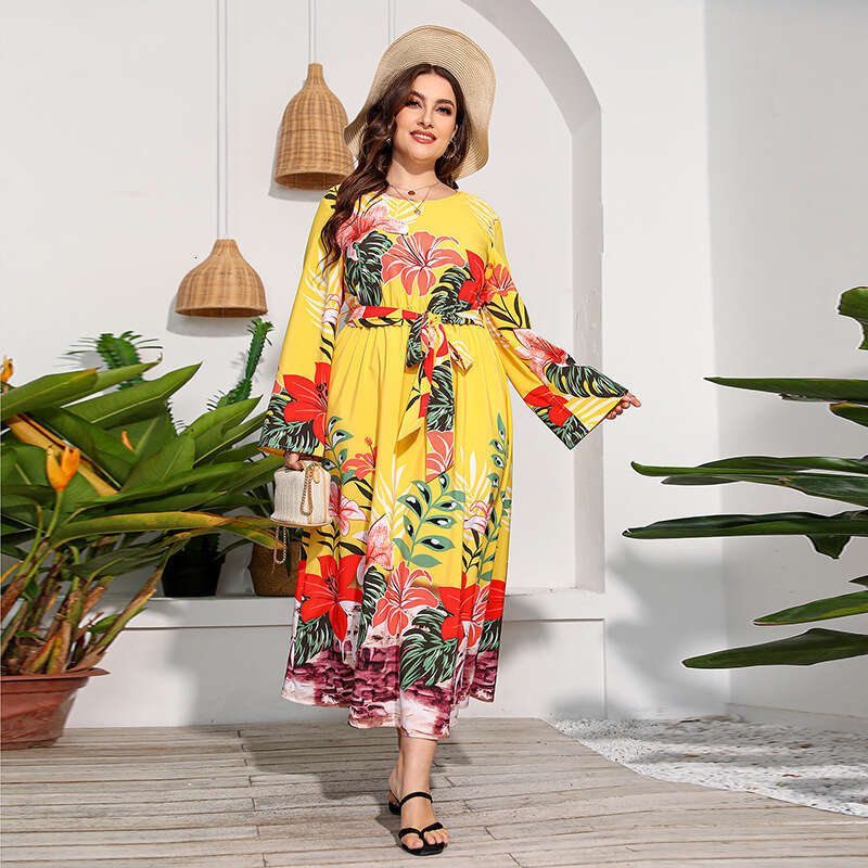 Hot Selling Large-sized Printed Sleeved Dress with High Waistband and Holiday Style Large Hem Long Skirt Sexy Short Self-cultivation SKINNY DRESS