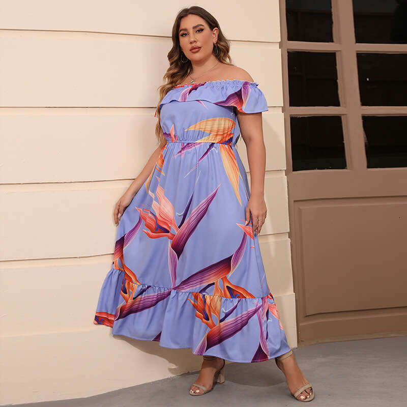 New Hot Selling Classic Black and White Paired Grand Ruffle Edge Long Skirt for Women with Cow Print Print Simple One Line Collar Dress Loose Denim Dr