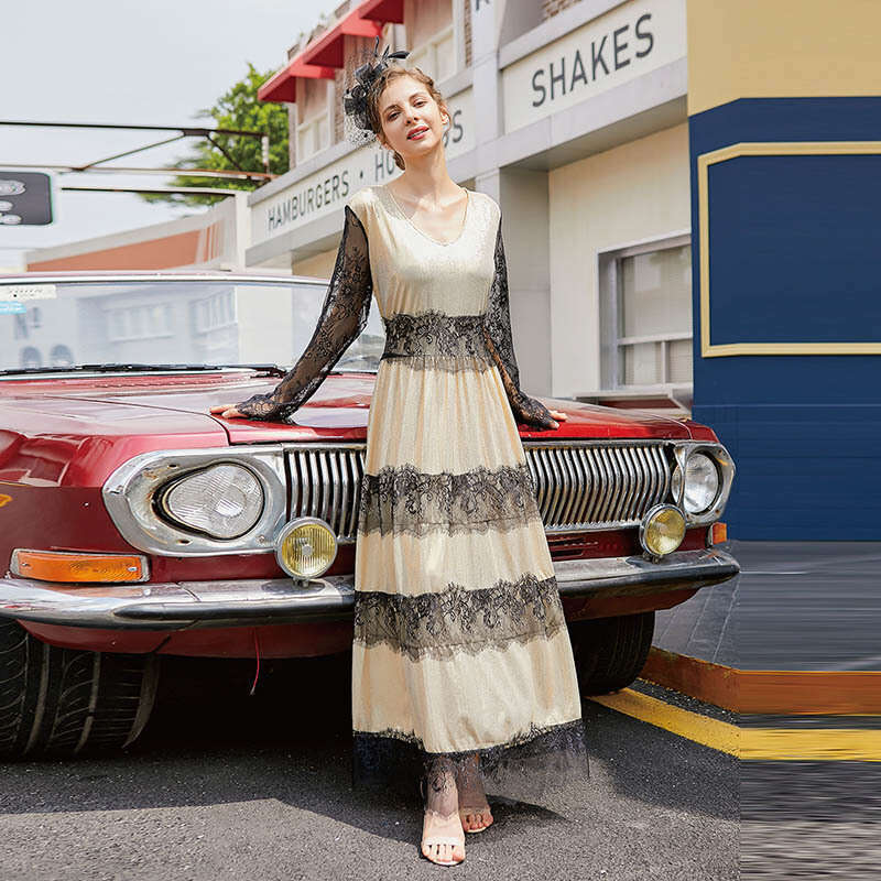 Fat Mm Plus Size Dress Skirt Mesh Lace Patchwork Style High Waisted Long Sleeved Dress Sexy Dress Sexy Self-cultivation SKINNY DRESS High Waist Dress