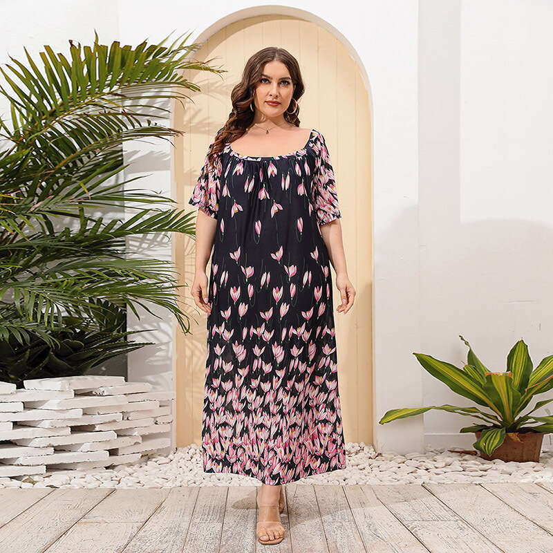 Large size terrace casual loose fitting printed ice silk long dress home clothing
