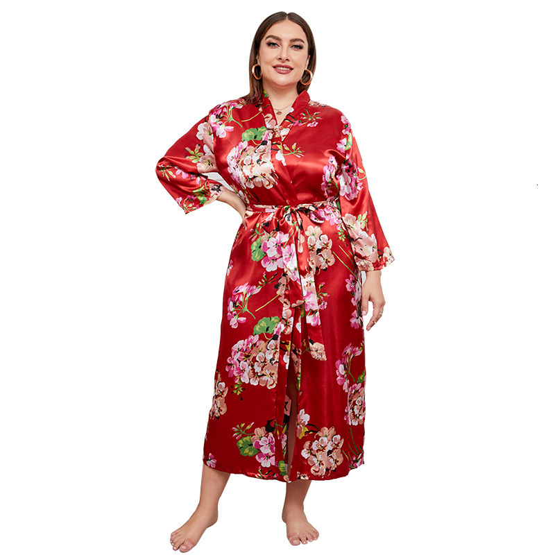 Women's oversized imitation silk red cardigan for spring and autumn seasons, home clothing, festive thin style pamas, long sleevesF727#46 d55473