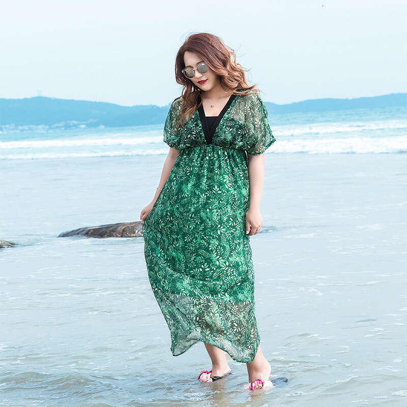 New Oversized Womens Dress Chubby Little Sister Short Sleeved Deep V-neck Green Printed Chiffon Long Skirt Waist Loose Short Lace Dress Silk Dress
