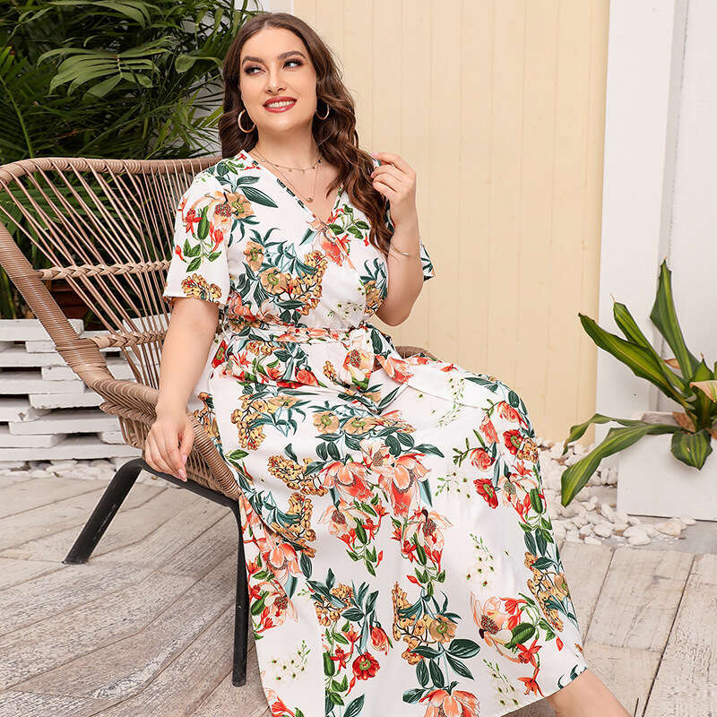 Russian American New Hot Selling Large Size Loose V-neck Dress Womens Elastic Waist Short Sleeve Printed Long Skirt Waist BOHO DRESS High Waist Dress