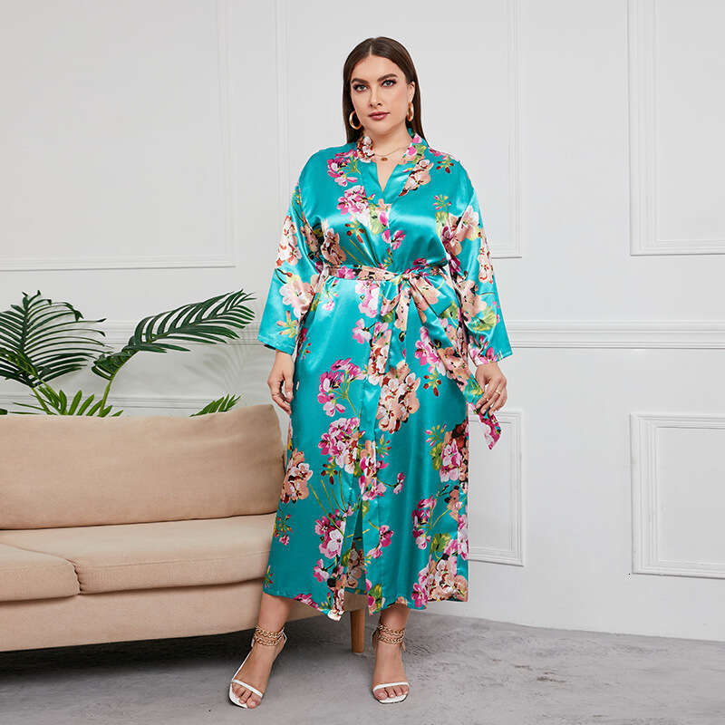 Oversized womens long nightgown skirt imitating silk printed home clothes can be worn externally