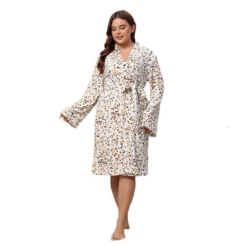 Large size sleeved home clothing womens leopard print autumn winter printed pamas bathrobes long and comfortable