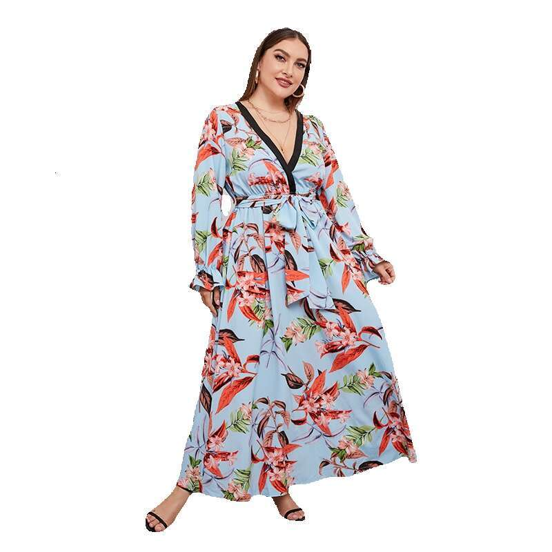 Hot Selling Spring and Autumn New Plus Size Temperament Waist Cinching Long Skirt V-neck Plant Flower Print Short Novelty Loose SKINNY DRESS Lace Dres