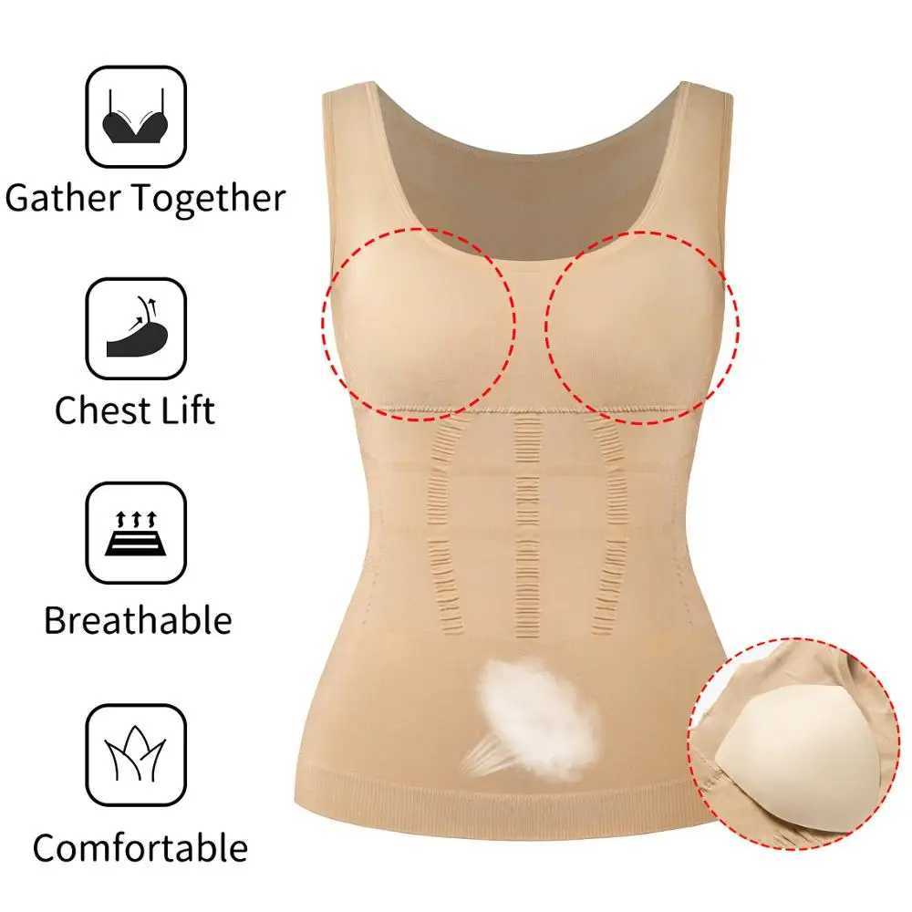 Women Padded Shapewear Camisole Body Shaper Compression Shirt With Pads Waist Trainer Tummy Slimming Tank Tops Seamless CorsetL240727